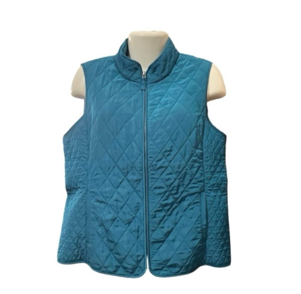 Talbots Women's Teal Quilted Full Zip Collared Sleeveless Vest Lined Pocket SZ L